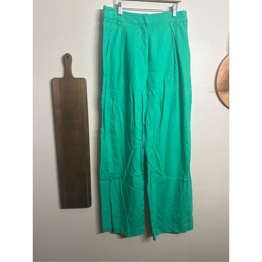 Mbym Green Linen Blend Relaxed Lined Flat Front Wide Leg Trouser Pants Medium
